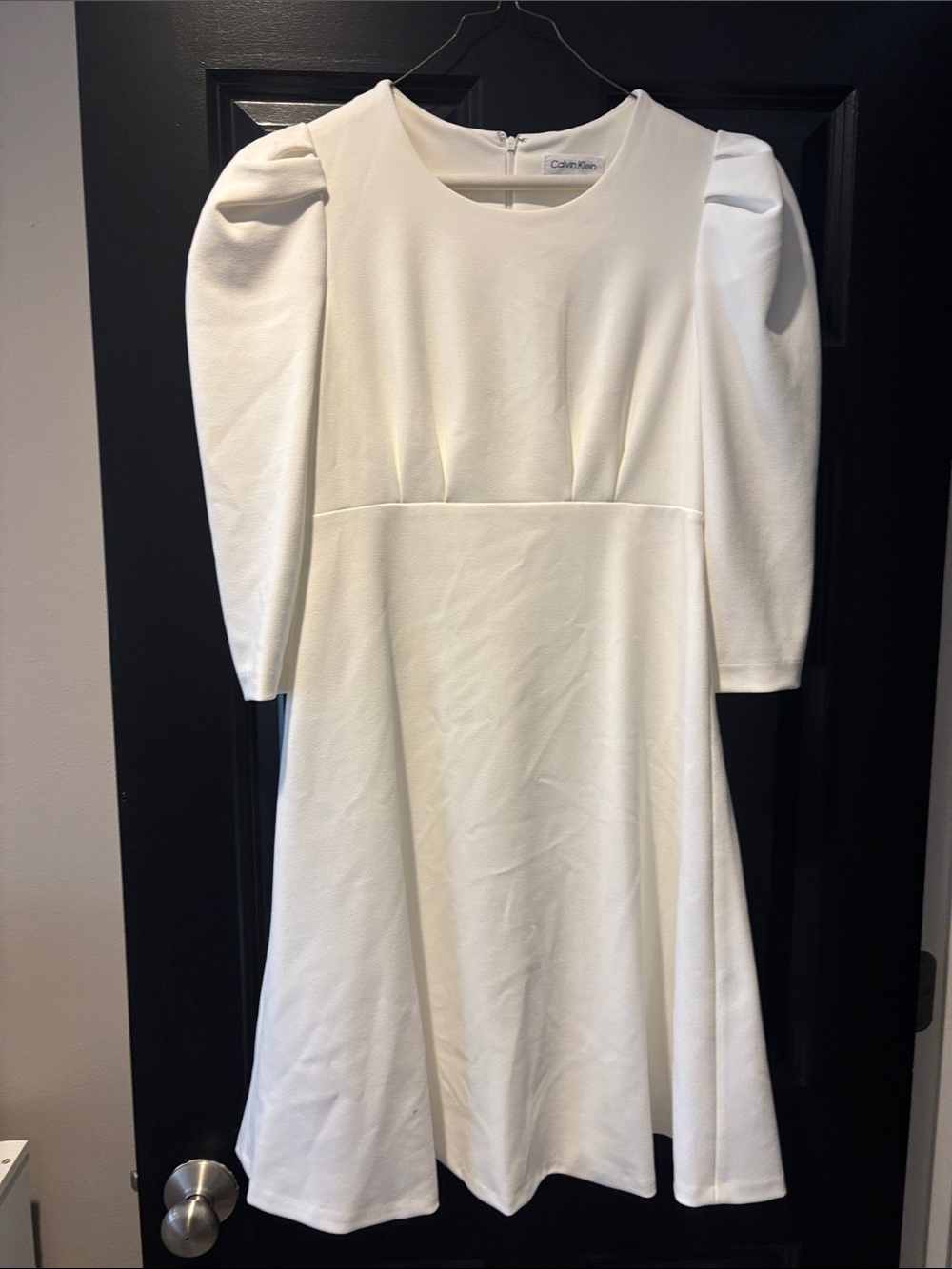 Calvin Klein Ivory Puff-Sleeve Fit-and-Flare Dress